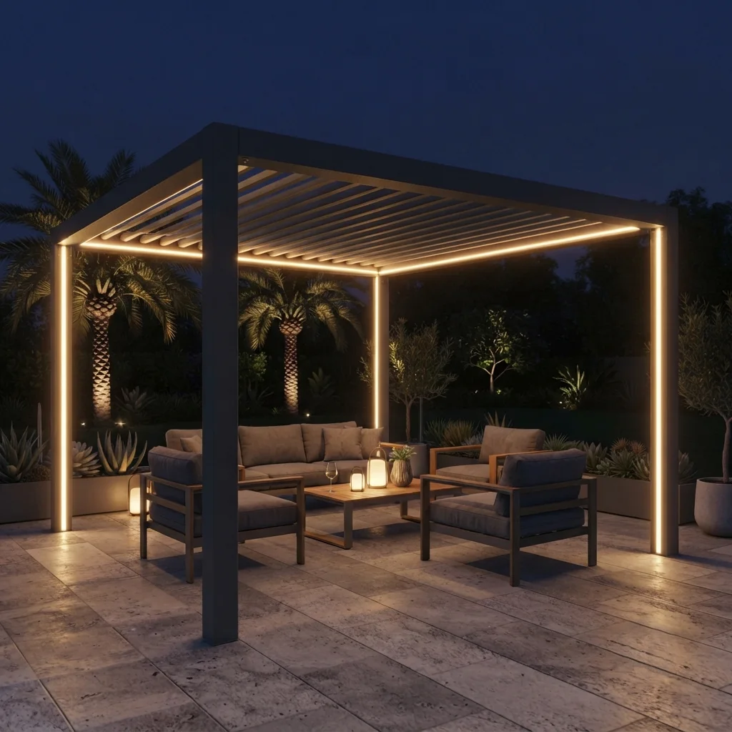 Aluminium pergola rooftop terrace evening