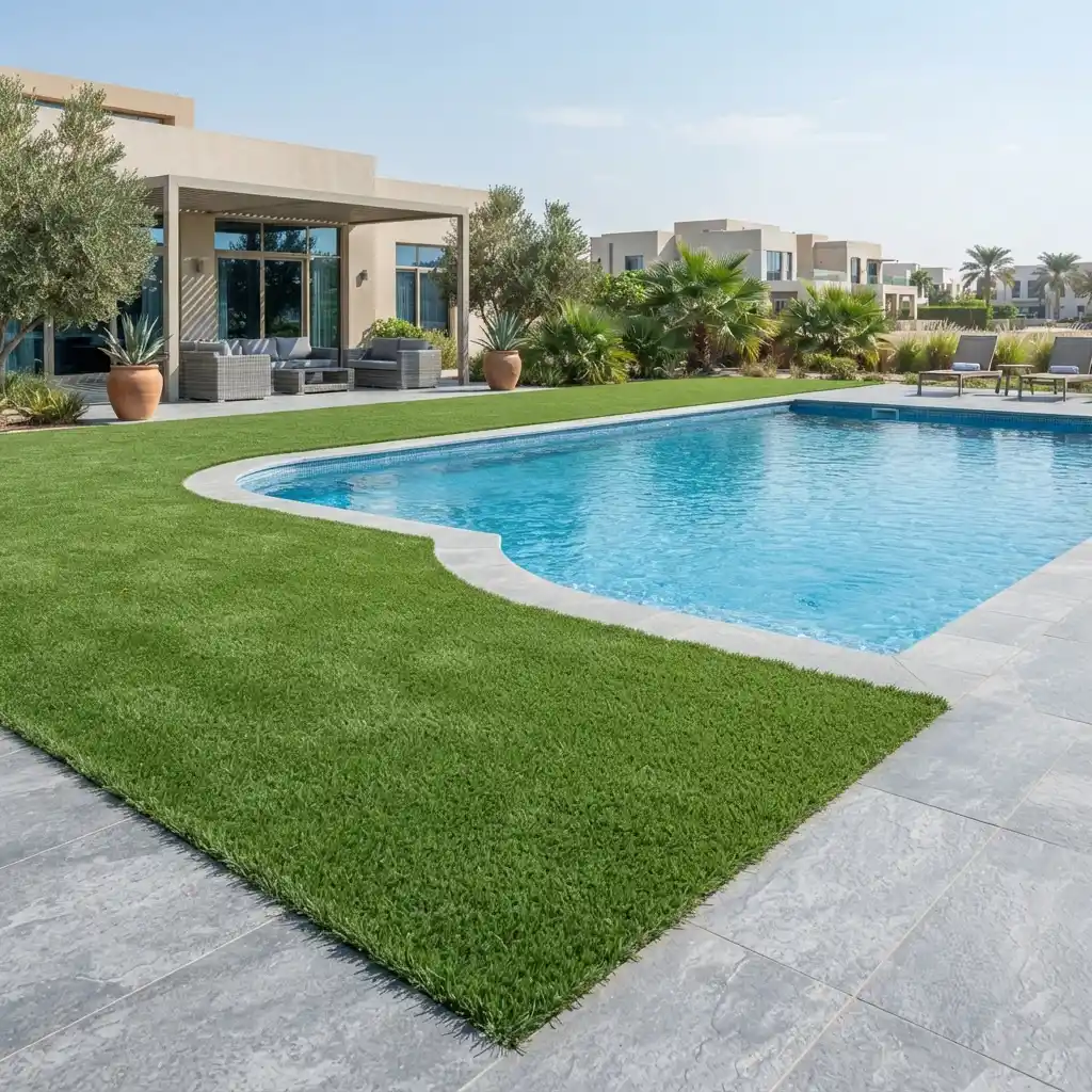 Artificial grass poolside installation