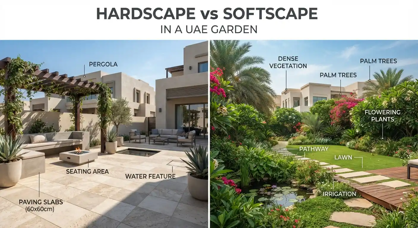 Comparison of hardscape paving and softscape planting in a UAE garden