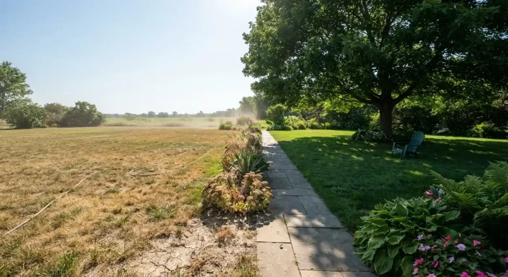 Comparison of heat-stressed lawn versus shaded hardscape in UAE climate