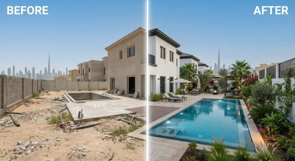 Landscape contractor in Dubai completing villa garden transformation