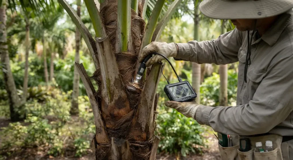Landscaping expert performing garden pest inspection UAE