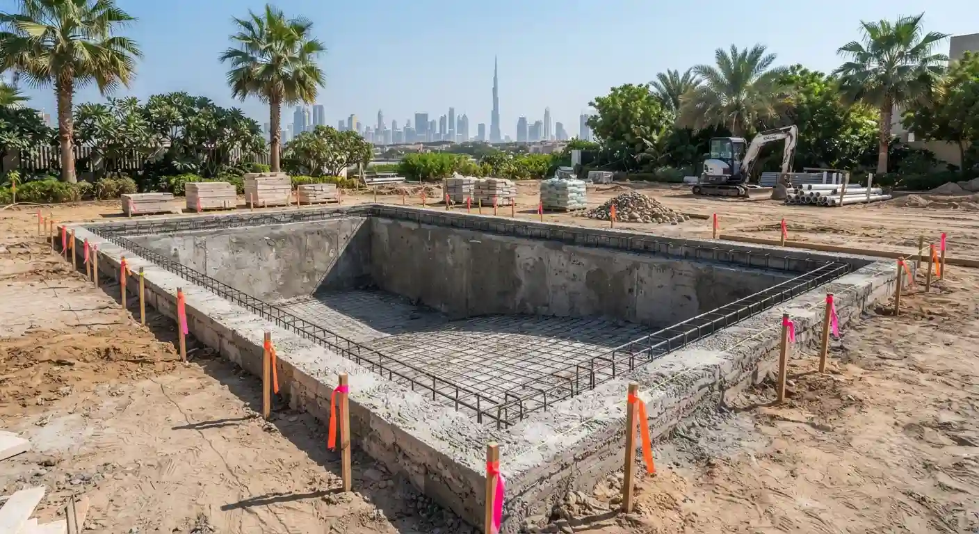 Swimming pool contractor Dubai coordinating landscaping