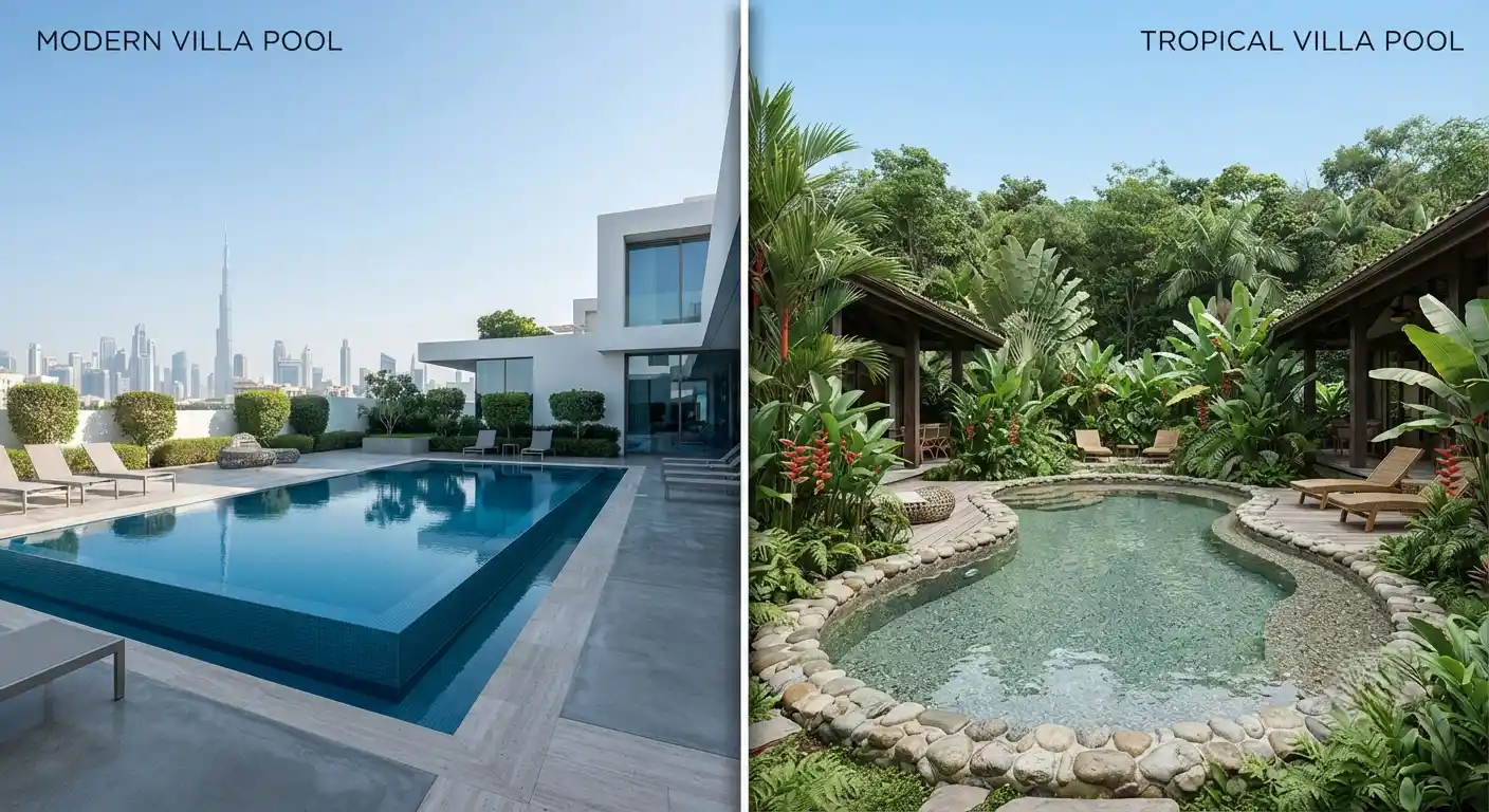 Pool landscaping design styles for Dubai villas