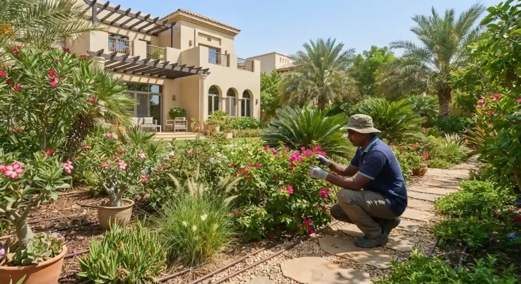 Professional garden pest control service in a Dubai villa garden