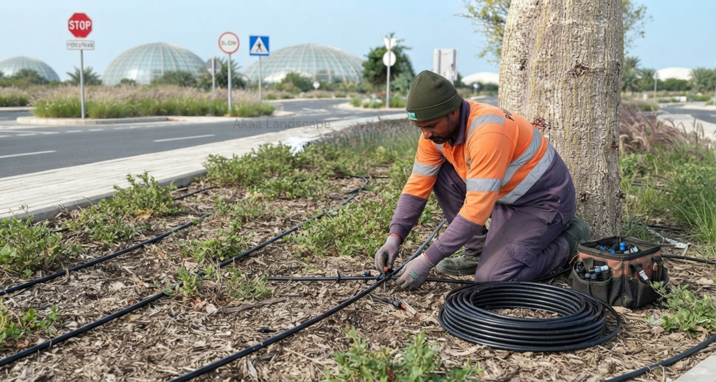 Professional landscaping company installing irrigation system UAE