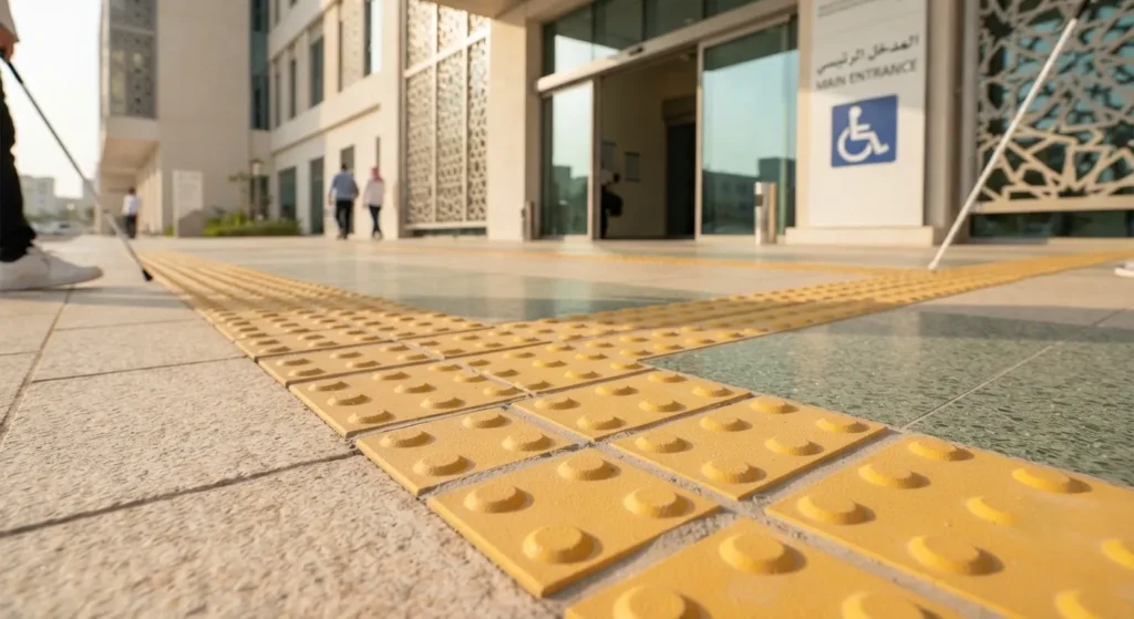 Tactile paving installation at a UAE hospital entrance for accessibility compliance