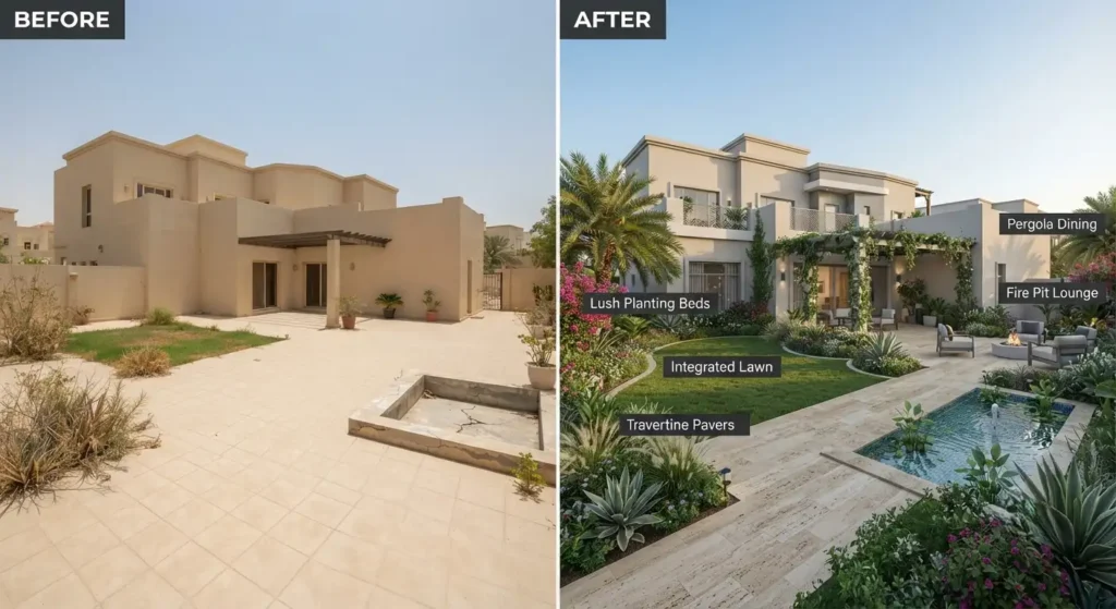 Comparison of hardscape paving and softscape planting in a UAE garden