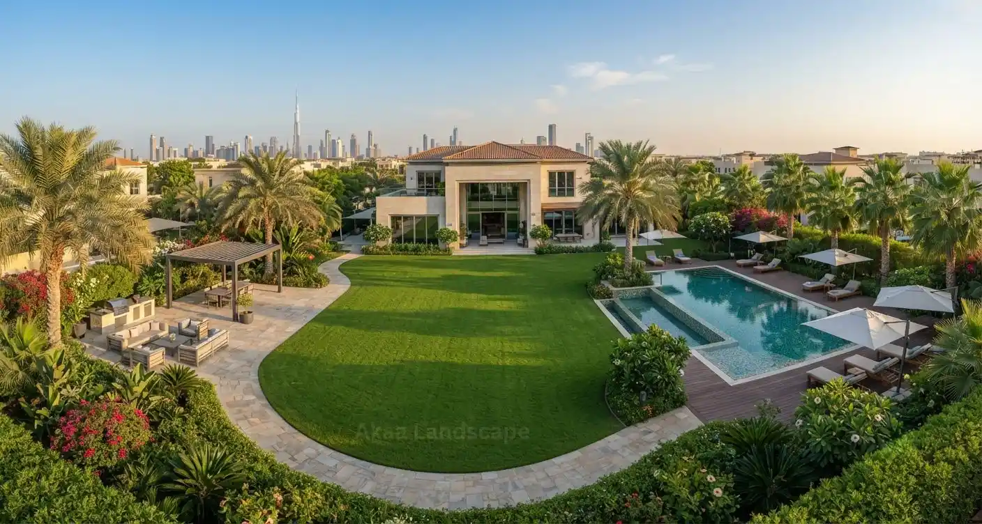 Villa garden in Dubai with green lawn