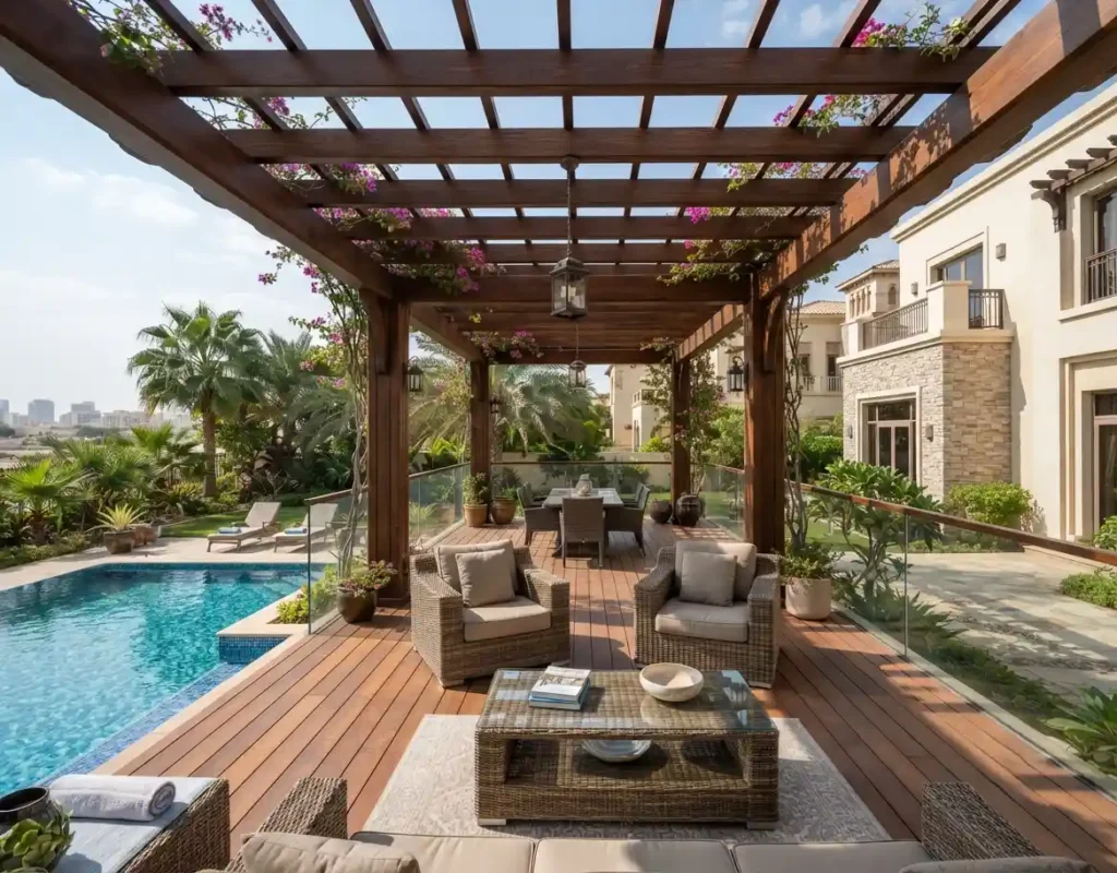 Wooden pergola bougainvillea poolside