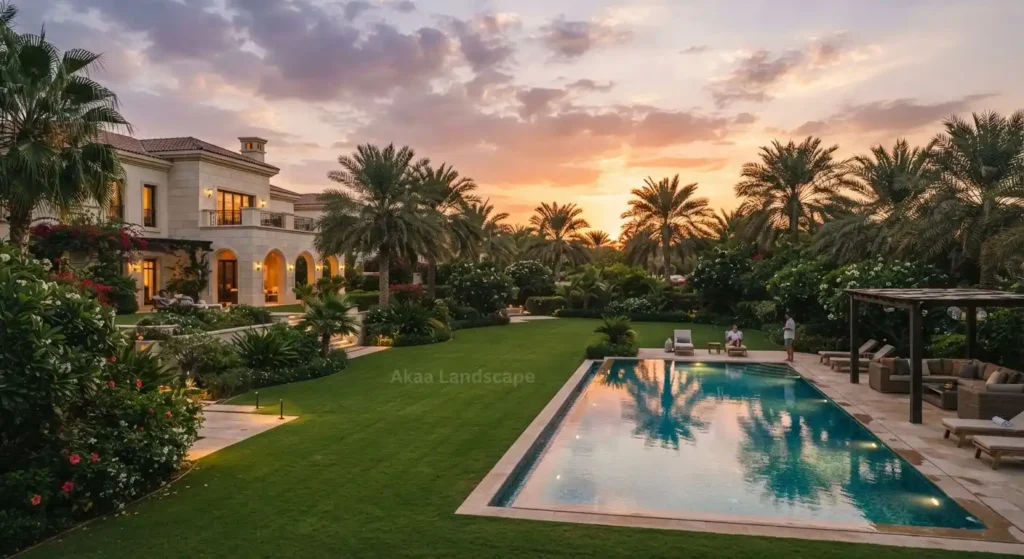 landscape design UAE villa garden with pool and palm trees