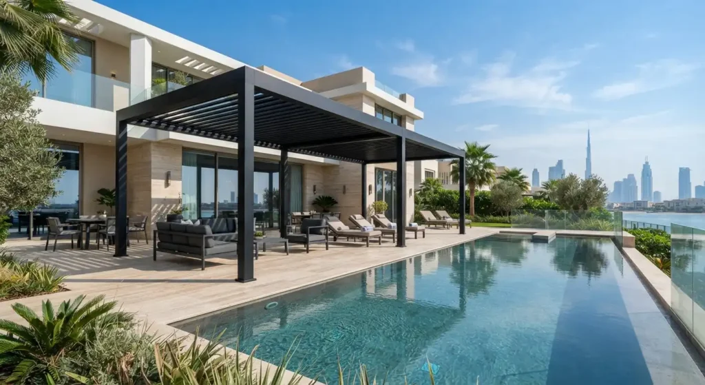 Modern aluminum pergola pool dubai villa
