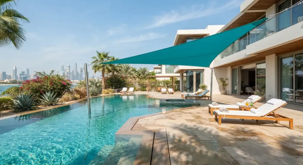 Teal shade sail poolside villa uae