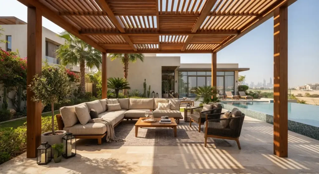 Wooden slat pergola lounge villa uae