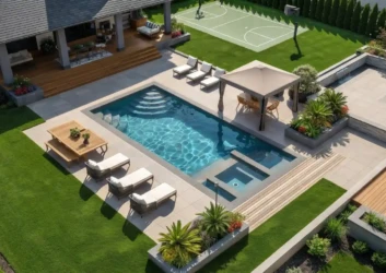 Aerial rectangular pool pergola loungers backyard Aerial rectangular pool pergola loungers backyard
