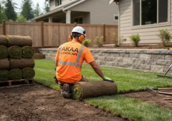 Akaa landscape worker installing sod roll Akaa landscape worker installing sod roll
