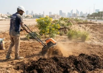 Akaa landscape worker soil tilling dubai skyline Akaa landscape worker soil tilling dubai skyline