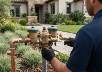 Akaa technician adjusting backflow preventer valve Akaa technician adjusting backflow preventer valve