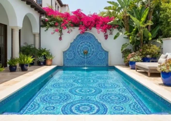 Blue mosaic medallion pattern pool courtyard Blue mosaic medallion pattern pool courtyard