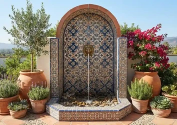 Blue mosaic tile lion head wall fountain Blue mosaic tile lion head wall fountain