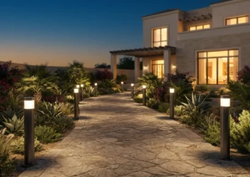 Bollard lights garden pathway dusk villa Bollard lights garden pathway dusk villa