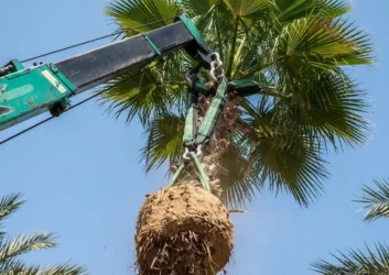 Crane lifting palm tree root ball transplant dubai Crane lifting palm tree root ball transplant dubai