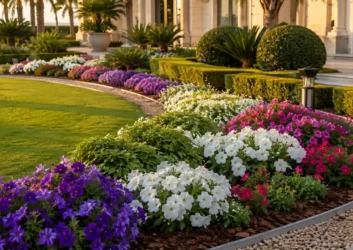 Curved petunia flowerbed villa lawn UAE Curved petunia flowerbed villa lawn UAE