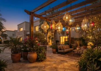 Decorative lanterns pergola courtyard dusk Decorative lanterns pergola courtyard dusk