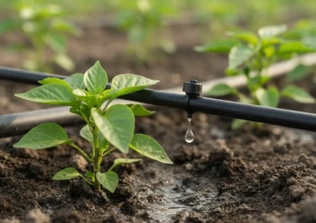 Drip irrigation emitter watering young plant Drip irrigation emitter watering young plant