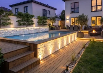 Elevated pool dusk stone waterfall led lighting Elevated pool dusk stone waterfall led lighting