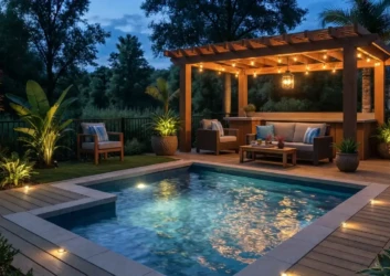Evening pool wooden pergola string lights lounge Evening pool wooden pergola string lights lounge