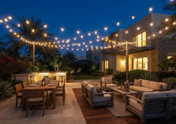 Festoon bistro lights patio dining evening Festoon bistro lights patio dining evening