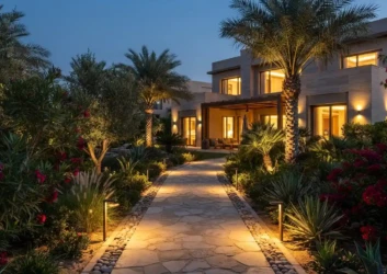 Garden pathway uplighting dusk villa Garden pathway uplighting dusk villa