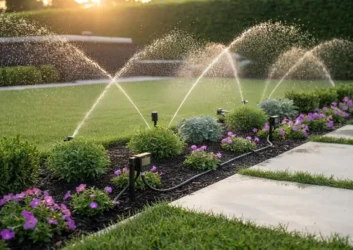 Garden sprinklers watering lawn flower bed sunset Garden sprinklers watering lawn flower bed sunset