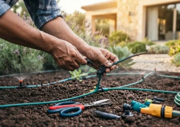 Hands installing drip irrigation tubing fittings Hands installing drip irrigation tubing fittings