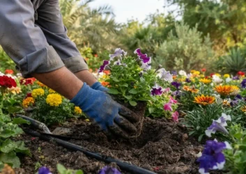 Hands planting purple petunia seedling Hands planting purple petunia seedling