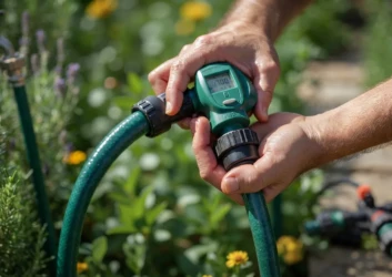 Hands setting digital hose timer garden faucet Hands setting digital hose timer garden faucet