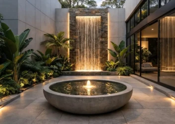 Modern water feature wall warm accent lighting Modern water feature wall warm accent lighting
