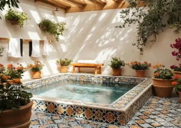 Moroccan mosaic tile plunge pool courtyard Moroccan mosaic tile plunge pool courtyard