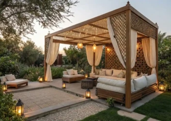 Moroccan style pergola lounge dusk dubai Moroccan style pergola lounge dusk dubai