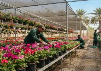 Nursery worker tending flowering plants shade net uae Nursery worker tending flowering plants shade net uae