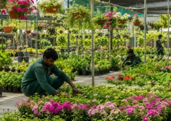 Nursery worker tending flowering plants shade net uae Nursery worker tending flowering plants shade net uae