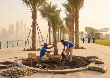 Palm tree planting dubai waterfront promenade landscaping Palm tree planting dubai waterfront promenade landscaping