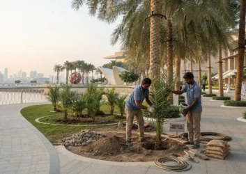 Palm tree planting dubai waterfront promenade landscaping Palm tree planting dubai waterfront promenade landscaping