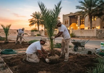 Palm tree planting villa garden dusk uae landscaping Palm tree planting villa garden dusk uae landscaping