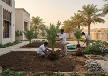 Palm tree planting villa garden dusk uae landscaping Palm tree planting villa garden dusk uae landscaping