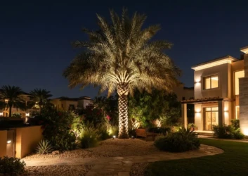 Palm tree uplighting night villa garden Palm tree uplighting night villa garden