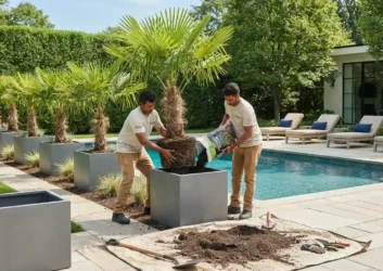 Palm trees planted modern planters poolside landscaping Palm trees planted modern planters poolside landscaping