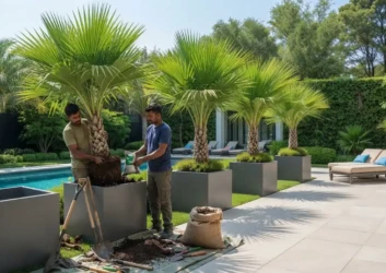 Palm trees planted modern planters poolside landscaping Palm trees planted modern planters poolside landscaping