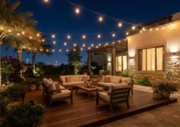 Patio deck string lighting evening garden Patio deck string lighting evening garden